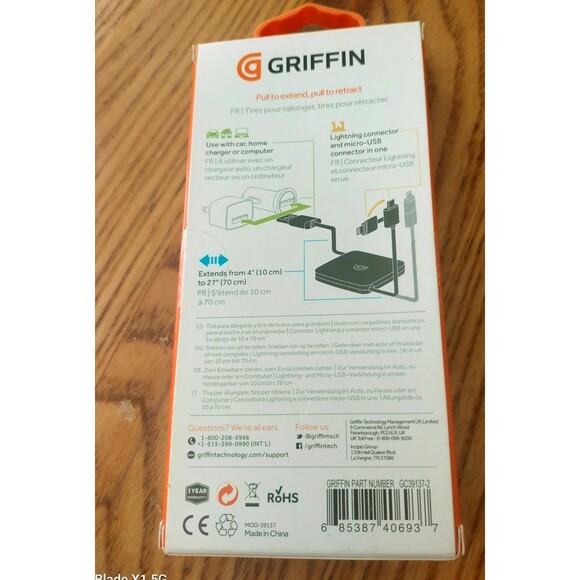 2 x Griffin Retractable Charge/Sync Cable with Lightning Connector and Micro-USB - Picture 3 of 3